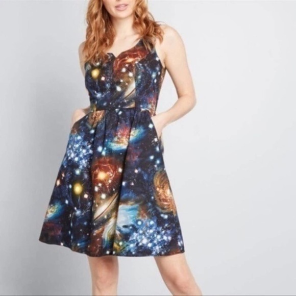 ModCloth Galaxy Space Universe Solar System Fit Flare Dress Pockets Retro Size S - Picture 7 of 14